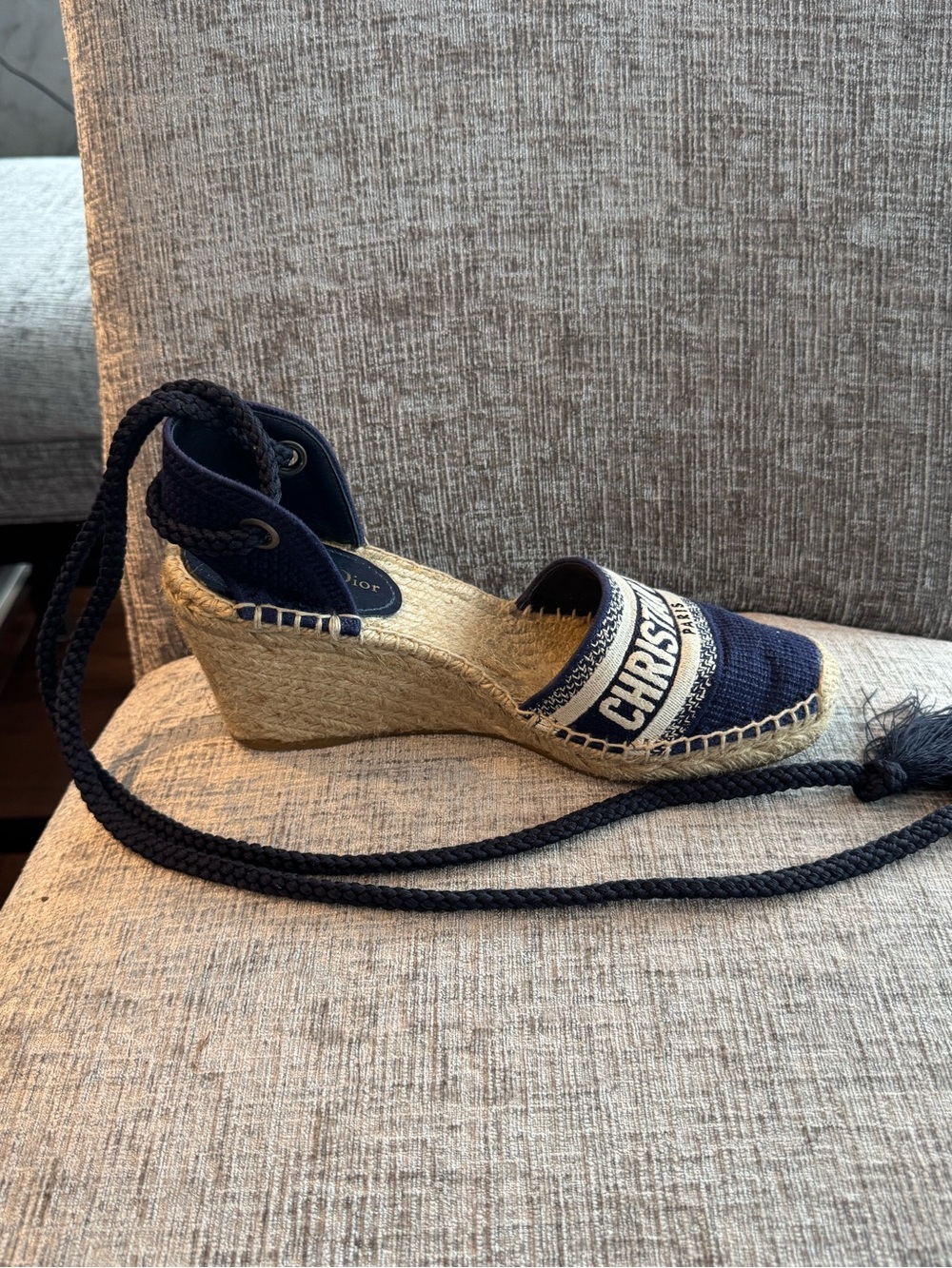 Dior Navy Canvas Espadrille Wedge Sandals with Logo Band - Picture 4 of 5